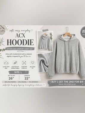 NWT ACX Gray Hoodie Size L | Soft Modal Blend Cropped Sweatshirt | Cozy Lounge